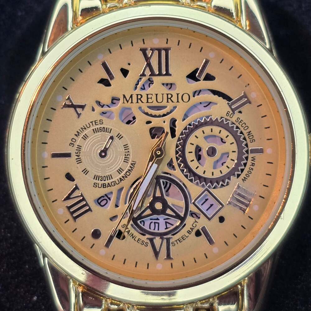 MREURIO Men Gold Tone Skeleton Automatic Quartz Watch with Stainless Steel Band